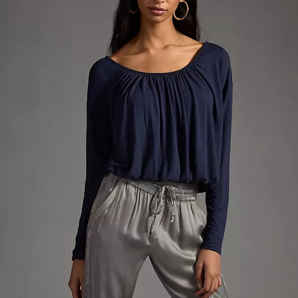 Anthropologie Maeve Long-Sleeve Bubble Top Navy Blue XS